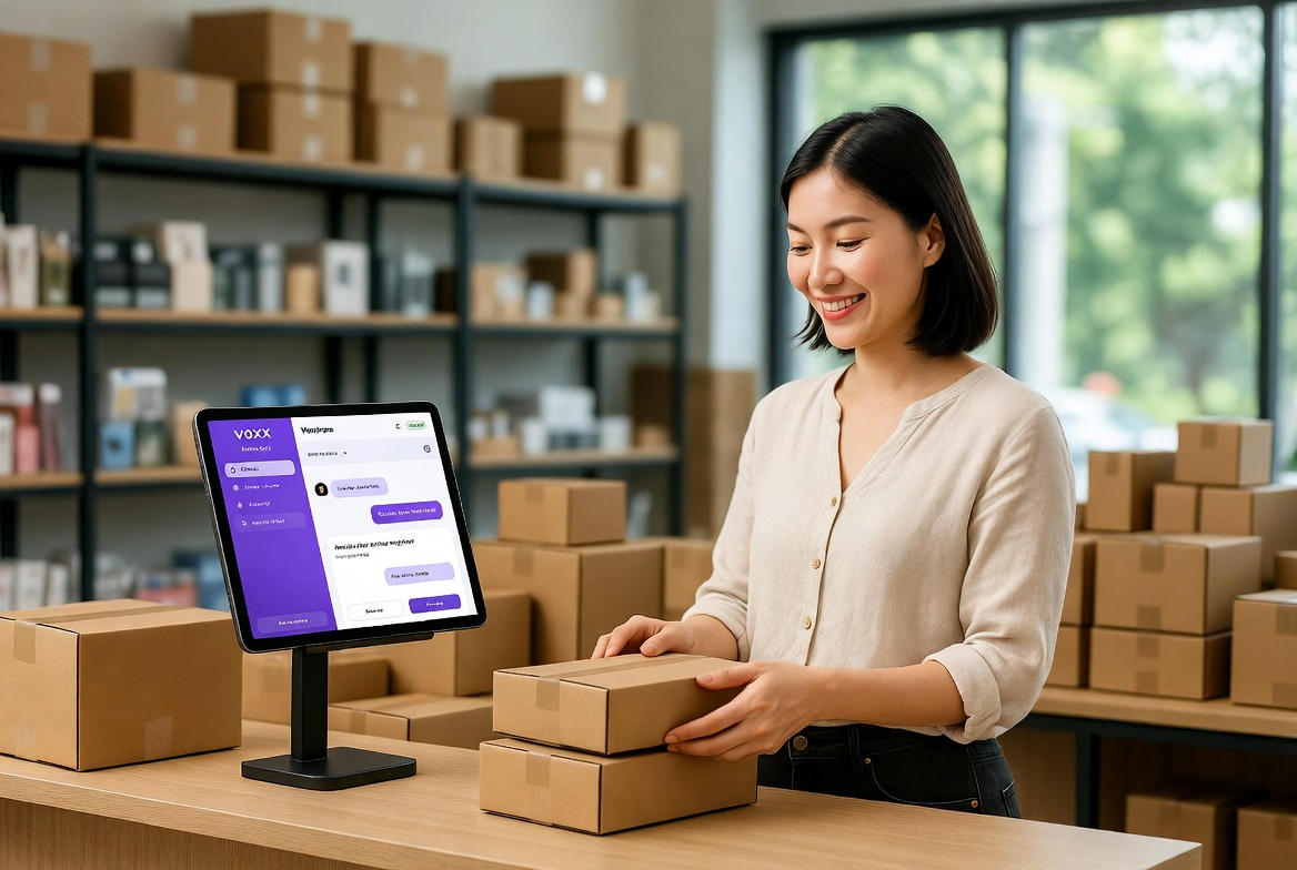 E-commerce business owner using Voxx AI to manage customer support