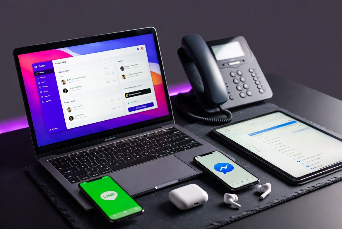 Multiple devices showing Voxx omnichannel customer support across LINE, Facebook, phone and chat